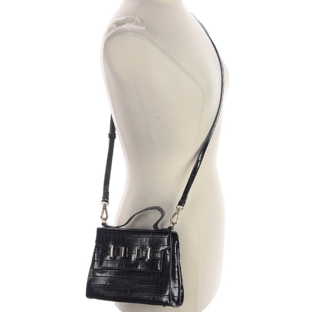 Urban Expressions Black Croc Embossed Vegan‎ Leather Crossbody Bag W/ Top Handle